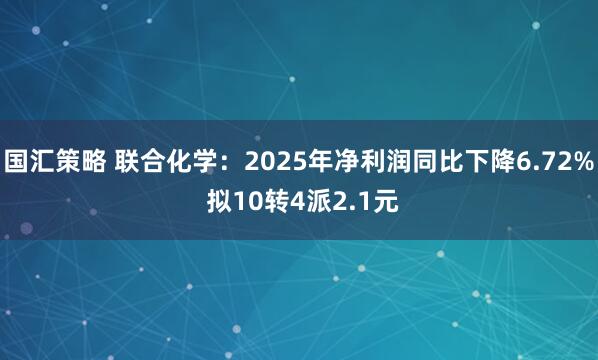 国汇策略 联合化学：2025年净利润同比下降6.72% 拟10转4派2.1元
